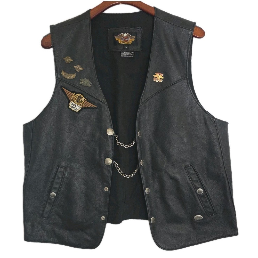 VTG Ladies Of Harley Black Leather Vest w/ Buffalo Head, Pins & Extenders‎ Sz L